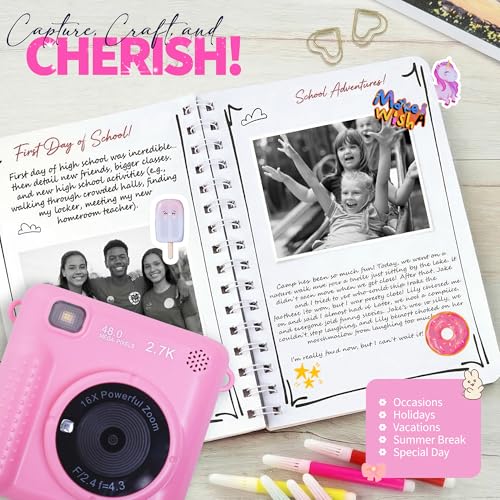 Photomaker Kit - Instant Print Camera for Kids Plus DIY Journal Kit for Girls - 150 Pcs Tween Journal & Camera for Girls - 6 7 8 9 10 11 12 13 14 Year Old Girl (Pink) - style: Pink