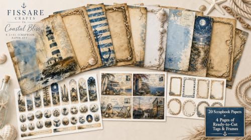 CRAFTS Coastal Bliss Vintage Nautical Scrapbook Paper (8.5x11) | 20 single-sided sheets with seaside ephemera, tags & alphabet stickers. Ideal for junk journals, mixed media & card making. - size: 8.5x11