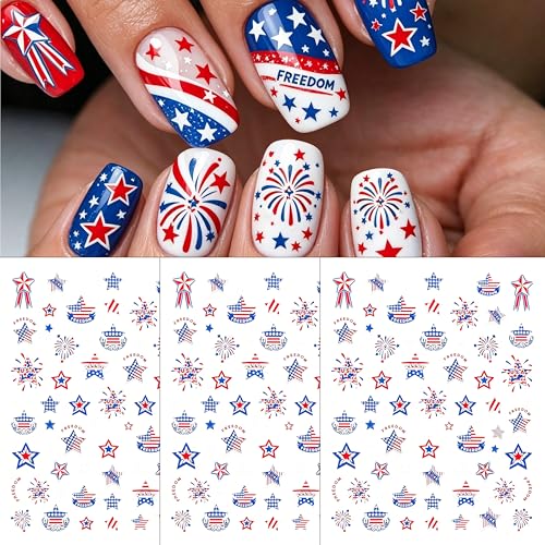 3 Pcs 4th of July Nail Stickers for Nail Art 3D Self Adhesive Independence Day Nail Art Stickers American Flag Star Fireworks Nail Decals Fourth of July Design Sticker Holiday Manicure Decor for Women - style: stars fireworks
