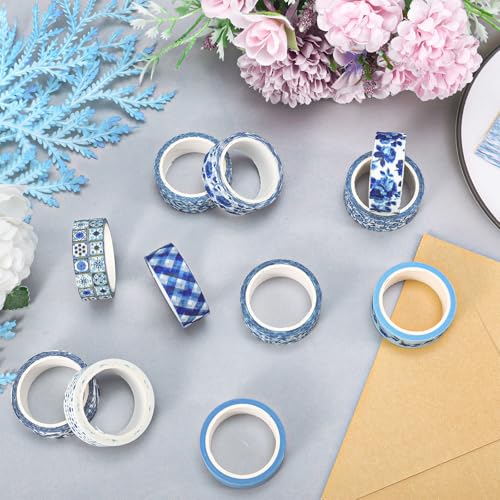 Whaline 12 Rolls Blue Floral Washi Tape Chinoiserie Masking Tape Set Toile Flower Leaves Plaid Striped Dots Decorative Wrapping Paper Tapes Boxed for Scrapbook Journal DIY Crafts - style: Blue Floral