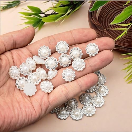 50 pcs Rhinestone Faux Pearl Buttons, Silver, 14mm - color: Silver