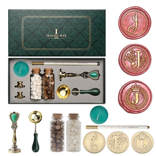 Letter Wax Seal Stamp Kit, Andotopee Wax Seal Kit Initial Alphabet J Sealing Wax Stamp Head 3pcs, Vintage Wax Stamp Seal Kit with Wax Seal Beads, Wax Seal Warmer Tools, Wax Seal Pen, Gift Box Set - style: Letter J Wax Seal Stamp Kit