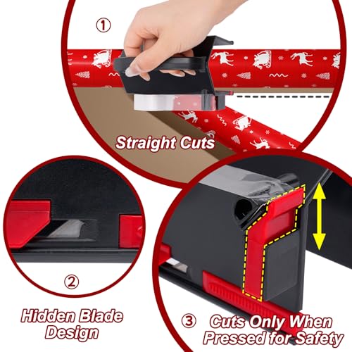 (2-Pack) Wrapping Paper Cutter & Tape Dispenser Dual Use - 4 Tapes, 2 Replace Blades - Gift Wrap Tool, Paper Roll Slicer, Smooth Straight Cut Packaging Tool for Birthday, Holiday & Office Use