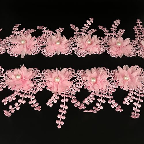 1 Yard Flower Pearl Beads Edge Trim Ribbon Floral Appliques Embroidered Lace Fabric Sewing Lace for Wedding Bridal Dress Clothes Costume Hat Decoration (Pink, 1 Yard) - color: Pink, size: 1 Yard