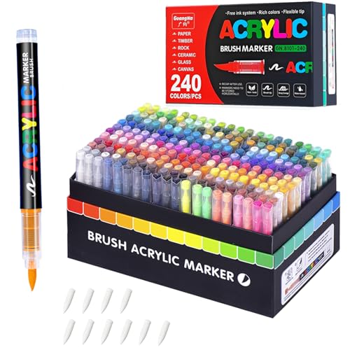 Guangna 240 acrylic paint markers for stones, fabric, wood, and more | 240 colors, Box Packaging, Brush tip, Free to paint thick or thin, Strong coverage,Non-toxic and tasteless - color: 240 Colors
