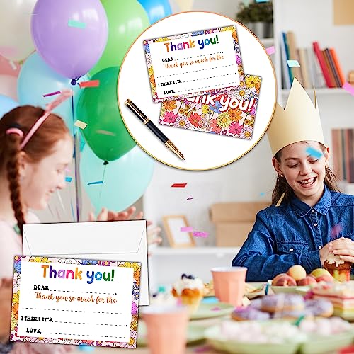 Wildflowers Thank You Cards, Daisy Themed Fill In The Blank Thank You Card, Appreciation Notes for Boys Girls, Floral Birthday Party Favors Supplies (20 Set of Cards with Envelopes) - B11 - color: Daisy