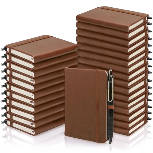 Aodaer 50 Sets Pocket Notebook Journal with Pens, 160 Pages, 3.5 x 5.5 Inch Mini Lined Journal Notebook A6 Leather Hardcover College Ruled Notepad with Pen Holder for School Office Gifts, Brown - color: Dark Brown
