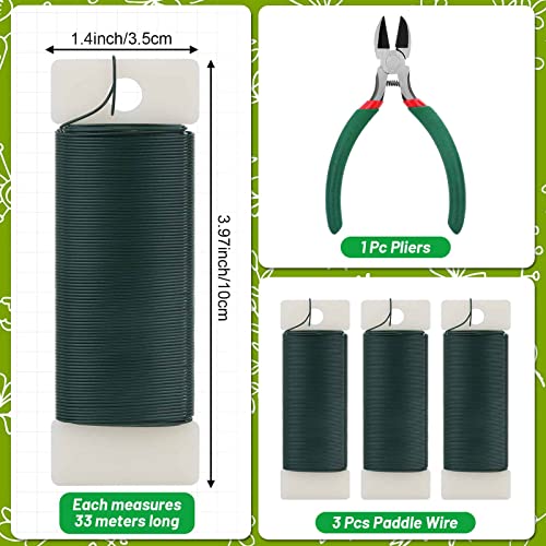 PAXCOO Flexible 110 Yards Green Floral Paddle Wire - Christmas Wreath Craft Wire with Wire Cutter, 22 Gauge - color: Green Wire with Cutter