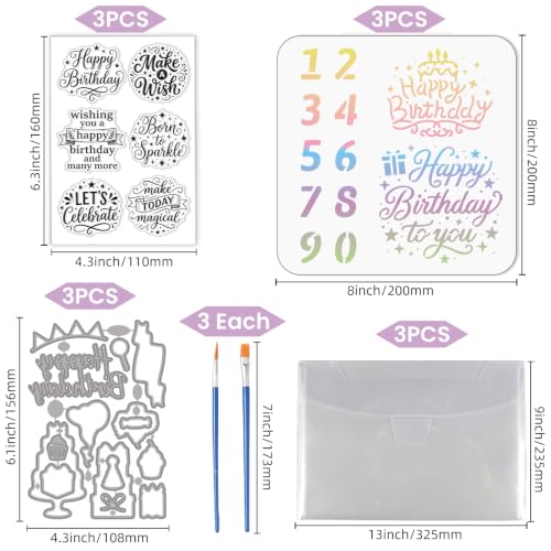 3 Set Happy Birthday Clear Stamps Cut Dies Painting Stencils Set - style: Happy Birthday