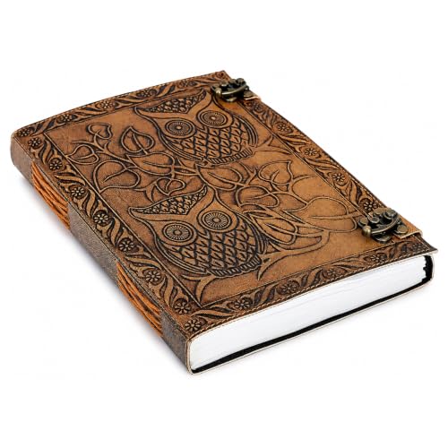 CREATIVE LEATHER ART Vintage Owl Leather Journal 10x7 Lock Notebook - color: Vintage Brown, size: 10 x 7 Inch