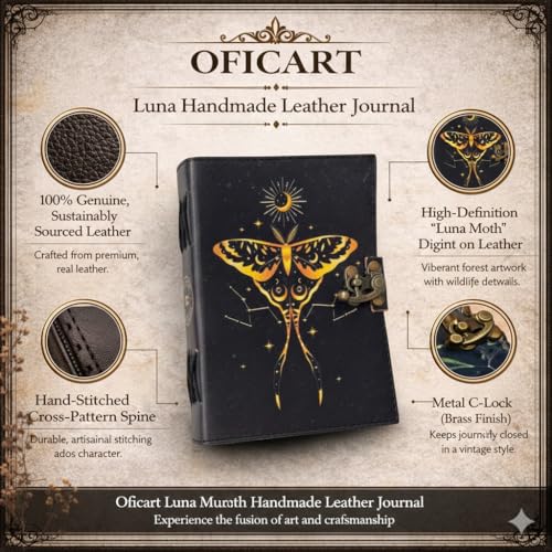 Oficart Handmade Leather Journal – Vintage Diary with Antique Lock & Eco-Friendly Cotton Paper | Celestial Notebook for Writing, Sketching, Travel, Art, Poetry, Spiritual & Gift Use (Luna Moth & Moon) - color: Luna Moth & Moon