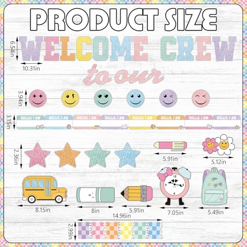 Mooliwe 94 Pcs Welcome to Our Crew Bulletin Board Set Retro Flowers Smile Face Stationery Paper Cutouts for First Day of School Classroom Wall Door Decoration(Pastel Checkered) - style: Pastel Checkered