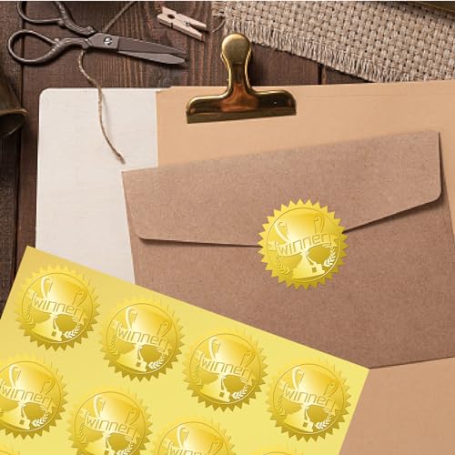 CRASPIRE Winner Trophy 408Pcs Gold Foil Embossed Stickers 2" Self Adhesive Envelopes Seals Sticker Round Labels for Wedding Invitation Graduation Corporate Certificates Diplomas Gift Wrapping Decor - style: Winner Trophy
