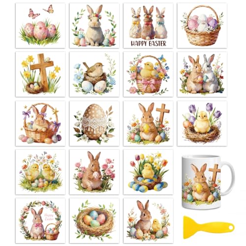 Peacoblue Easter Rabbits Rub On Transfers for Craft, Transfer Sticker | 18 Sheets UV DTF Transfers, Waterproof Rub On Decals for Wood, Glass, Furniture, Tumblers & Home Decor Crafts - style: Easter Rabbits with Easter Eggs