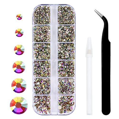 3792pcs Crystal AB Flatback Rhinestones Glass Diamantes Round Gems for Crafts Nail, Makeup, Clothes, Mixed 6 Sizes with Wax Pencil and Tweezer Kit (SS6~SS20) - color: Crystal AB