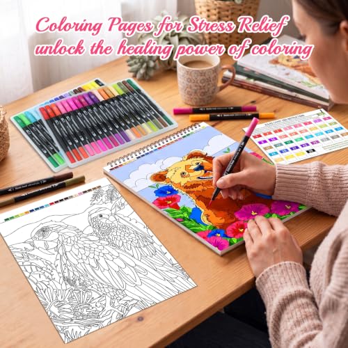 Color by Numbers with 36 Colors Markers, Paint by Numbers Kit for Adult | Color by Number Coloring Book with Dual-Tip Markers, Spiral Bound & Single-Sided, Stress Relief & Creativity for Beginners