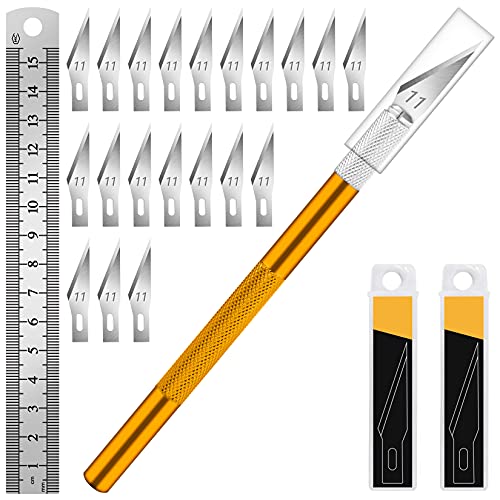 DIYSELF Hobby Knife Kit with 20#11 Blades, Aluminum Handle, 6-Inch Ruler - color: Gold-20blades
