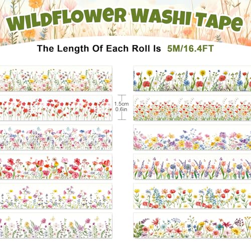 Whaline 12 Rolls Wildflower Washi Tape Floral Masking Tape Set Colorful Flower Decorative Wrapping Paper Tapes Boxed for Spring Scrapbook Journal DIY Crafts - style: Wildflower