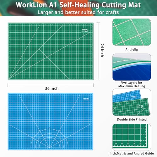 WORKLION 24" x 36" Large Self Healing PVC Cutting Mat, Double Sided, Gridded Rotary Cutting Board for Craft, Fabric, Quilting, Sewing, Scrapbooking - Art Project… - color: Green/Blue, size: 36"L x 24"W