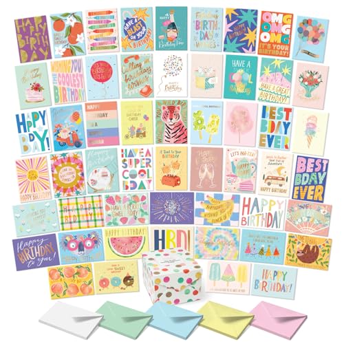 S&O Box of Happy Birthday Cards with Envelopes - 100 Unique Memorable Birthday Cards with Envelopes - Colorful Important Day Notes Bulk for Office & Home - Assorted Occasion Greetings - 4x5.5” - color: Modern (set of 100)