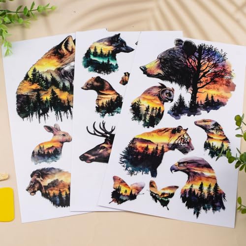 WANDIC 3 Sheets Transfer Stickers for Furniture,3D UV DTF Rub on Transfer Stickers for Craft Forest Animals Cup Warp Waterproof Scrapbook Decals Decorative for Cards Glass Wood DIY Crafts,15 * 30cm - color: Animal Forest