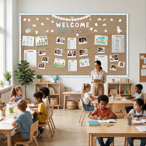 Mooliwe 94 Pcs Welcome Back to School Bulletin Board Set Stationery Apple Paper Cutouts for First Day of School Classroom Wall Door Decoration(Pastel Gingham) - style: Pastel Gingham