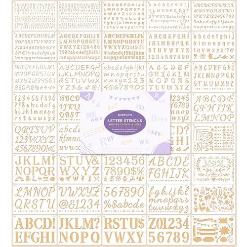 22 Fonts 13 Sizes (0.25"-2") Small Letter Stencils for Painting, 38Pcs Reusable Alphabet & Number Stencils in Script & Cursive for Wood Crafts