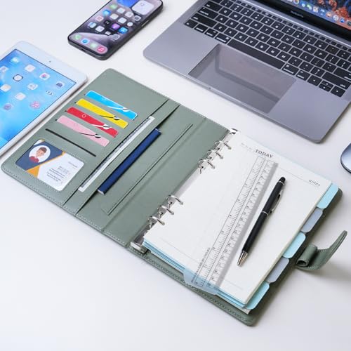 WASON A5 Binder PU Leather Journal Ring Portfolio Lined Notebook Refillable Paper Diary with Removable Clipboard Writing Notepad for Travel Business School Agenda Organizer (Green) - color: Green