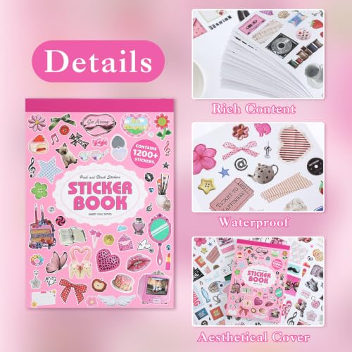 1200+ Sweet Cool Sticker Book, Cute Pink Vintage Small Stickers for Scrapbooking, Aesthetic Art Scrapbook Supplies for Adults Teens Women Girls Junk Journal Journaling - style: Aesthetic Style 4