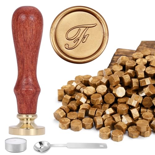 Yoption Handwriting Letter F Wax Seal Stamp Kit with Antique Gold Wax Beads - color: F