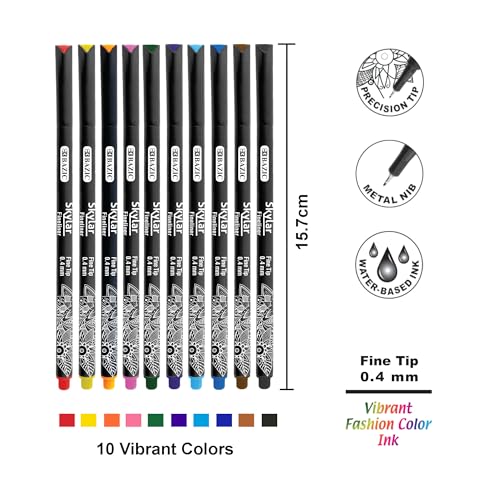 BAZIC PRODUCTS Skylar Fineliner Pens, 0.4mm, 10 Colors, 10 Count, 12-Box | Skylar fiber-tip fineliner pens in 10 colors, 0.4 mm ultra-fine, water-based ink, drawing, journaling - color: Assorted Colors, size: 1 Count (Pack of 12)
