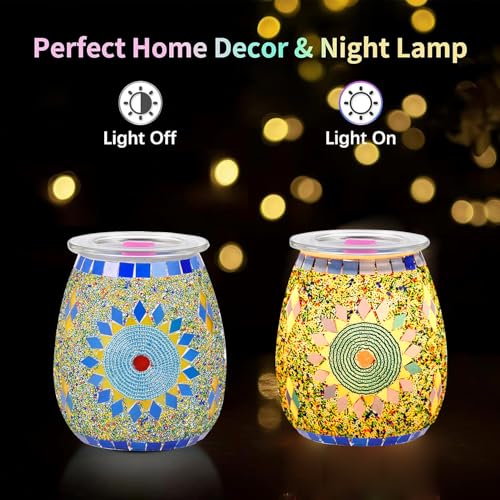 Dicimi Electric Candle Warmer, Mosaic Sunflower Design Wax Melt Warmer with Warm Night Light, No Flame Candle Warmer Lamp for Home Decor, Wax Melter for Scented Wax, Safe Wax Warmer for Aroma Gift - color: Colorful Flowers