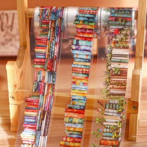 6 Rolls Book-Themed PET Tape for Scrapbook Journaling | Bookshelves, stacked books, flowers and plants in continuous designs for journals, collages and gift wrapping - style: Ocean of Books