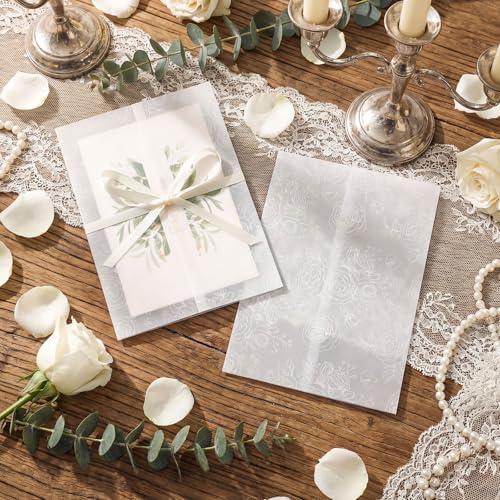 100 Pcs Pre Folded Floral Vellum Jackets for 5x7 Invitations, Wedding Translucent Vellum Paper with Ribbon, Envelope Liners for Wedding Bridal Baby Shower Birthday Mother Event(White) - color: White