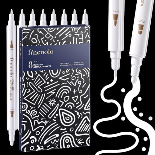 finenolo 8 Pack White Acrylic Paint Markers, Dual Tip Paint Pens with Dot & Fine Tips for Rock, Wood, Glass, Fabric, Plastic, Ceramic, DIY Crafts, Art Supplies