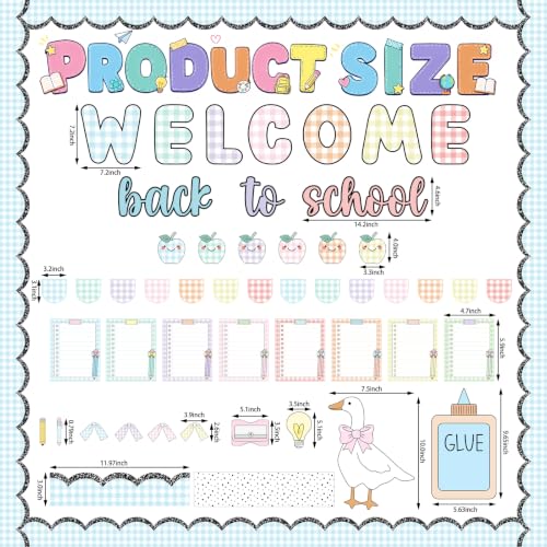 Mooliwe 94 Pcs Welcome Back to School Bulletin Board Set Stationery Apple Paper Cutouts for First Day of School Classroom Wall Door Decoration(Pastel Gingham) - style: Pastel Gingham