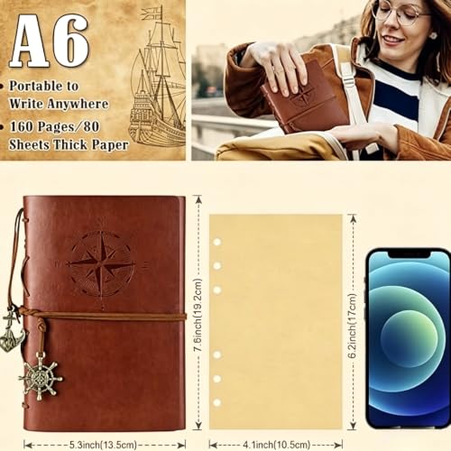 Refillable A7 Vintage Leather Travel Journal Camping Notebook for Writing | Brown Refillable A7 Travel Notebook Kit for Teens Vintage Nautical Adventure Diary Blank Kraft Paper Trip Log Camping Journal