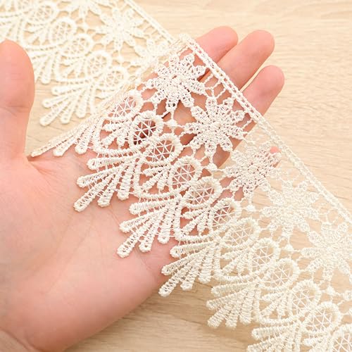 GXTIZAS Beige Lace Ribbon 3.2Inch Wide Lace Trim for Sewing | scalloped embroidery for vintage weddings, costumes, pillows, curtains, gift décor and romantic DIY creations Crafts - color: Beige