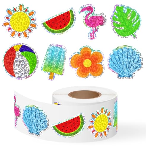 500Pcs Summer Stickers Roll for Kids Holographic Hawaiian Luau Tropical Beach Self-Adhesive Decals Seasonal Party Favors DIY Crafts Teacher Rewards Gifts for Water Bottles Scrapbooking Decoration - style: Summer