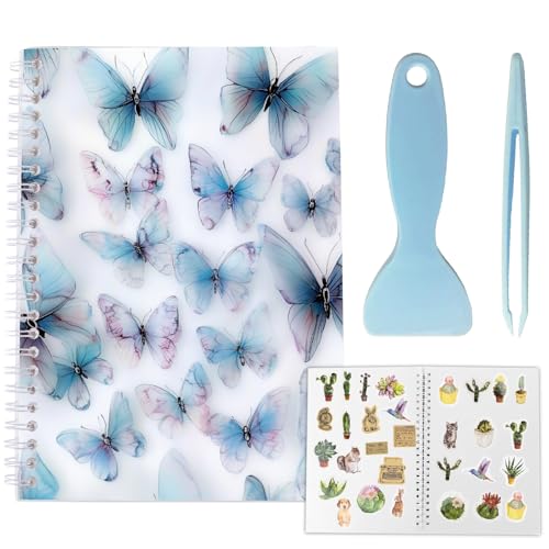 CRASPIRE 40 Sheets Reusable Sticker Album Sticker Collecting Books A5 Release Paper Waterproof Blue Butterfly Blank Collection Storage Organizer Holder with Scraper and Tweezer for Storaging Labels - style: Butterfly-027