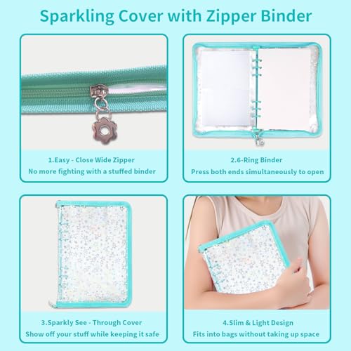4 In 1 Sticker Storage Organizer, A5 Sticker Binder with Storage Pocket & Release Paper, Glitter Reusable Stickers Book Collecting, Blank Stickers Album Holder for Adult Container Display (Cyan) - color: Cyan
