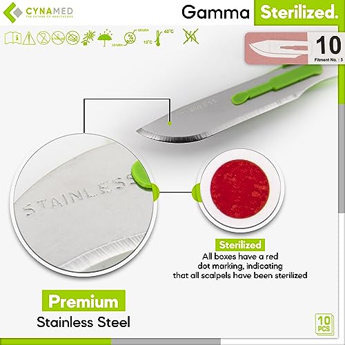 Cynamed Disposable Scalpel Blades| Sharp, Tempered Stainless-Steel Blades | Pack of 10 Sterile Scalpel Knives| Plastic Handle| Individual Pouches| for Dermaplaining, Crafts & More (No.10) - style: No.10