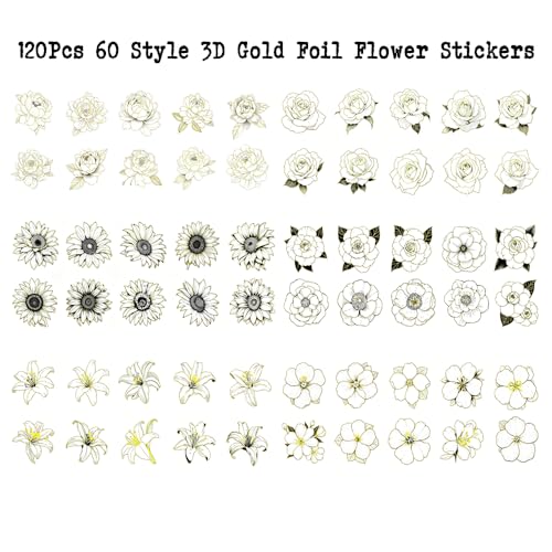 120PCS Gold Foil Flower Stickers for Scrapbooking, 6 Pack 3D PET Floral Stickers for Journaling, White Flower Decals for Crafts, Junk Journal Supplies, Collage and Card Making - color: Gilded Noir & Ink Blossoms