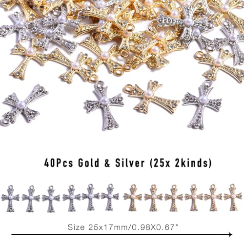 stino 40/50 Pieces Rhinestone Charms, Turtle Heart Bow Cross & Rhombus Jewelry Making Supplies, Silver & Gold Plated Crystal Pendants - style: Cross (Pearl 50PCs)