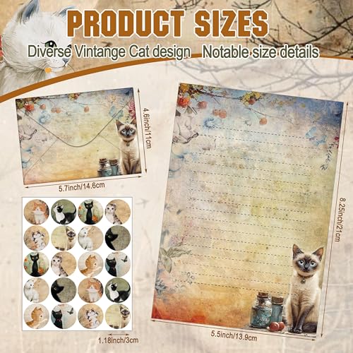TaoBary 160 Pcs Cat Stationery Paper and Envelopes Set, 5.5 x 8.25'' | Stationary Set Letter and Envelopes, 50 Double Sided Stationery Writing Papers 50 Matching Envelopes 60 Round Dot Sticker - size: 5.5 x 8.25 Inch, style: Cat