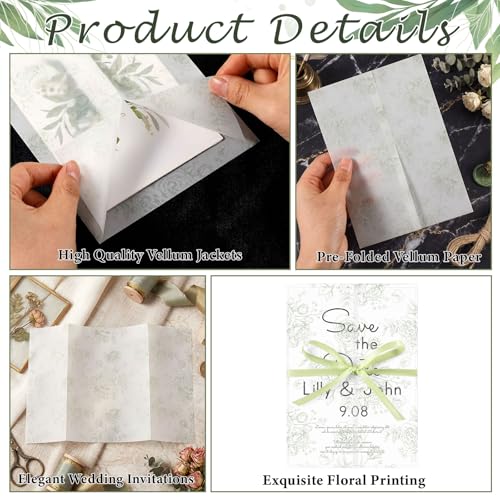 100 Pcs Pre Folded Floral Vellum Jackets for 5x7 Invitations, Wedding Translucent Vellum Paper with Ribbon, Envelope Liners for Wedding Bridal Baby Shower Birthday Mother Event(Sage Green) - color: Sage Green