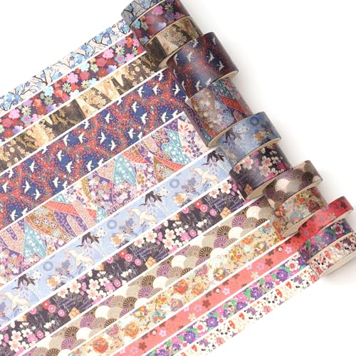 12 Rolls Kyoto Charm Washi Tape Set Japanese Arts Adhesive Tapes Geometric Garden Decorative Masking Tape Sets for Craft, Kids, Scrapbook, DIY, Gift Wrapping (Purple Sakura) - color: Purple Sakura