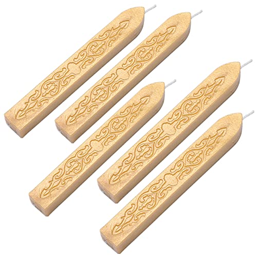 Yoption 5Pcs Gold Sealing Wax Sticks with Wicks for Wax Seal Stamp | Embossed Pattern Wax Sticks for Wedding Invitation, Christmas Card, Envelope, Snail Mail, Wine Package, Gift Wrapping - color: Light Golden