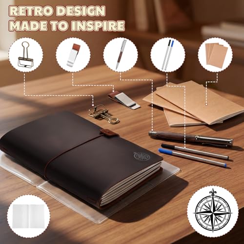 Thenshop A5 Leather Journal Refillable Notebook Travel Diary Handmade Travelers Refillable Leather Journal for Men and Women with 3 Notebook Inserts, Pen Holder, Binder Clip