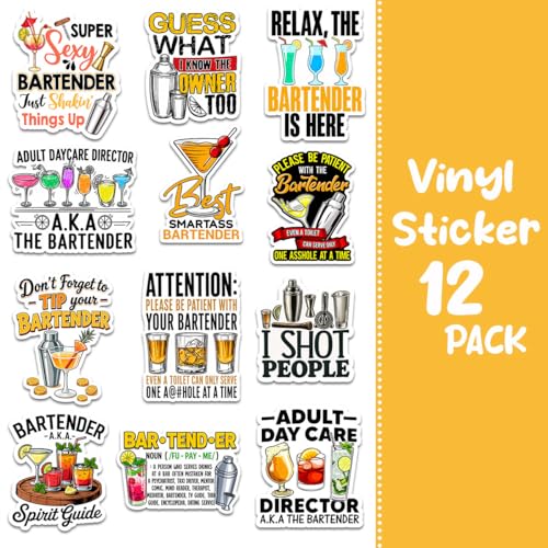 (12pcs-3in) Bartender Sticker Funny Stickers Cocktail Bar Humor Gifts - color: Bartender